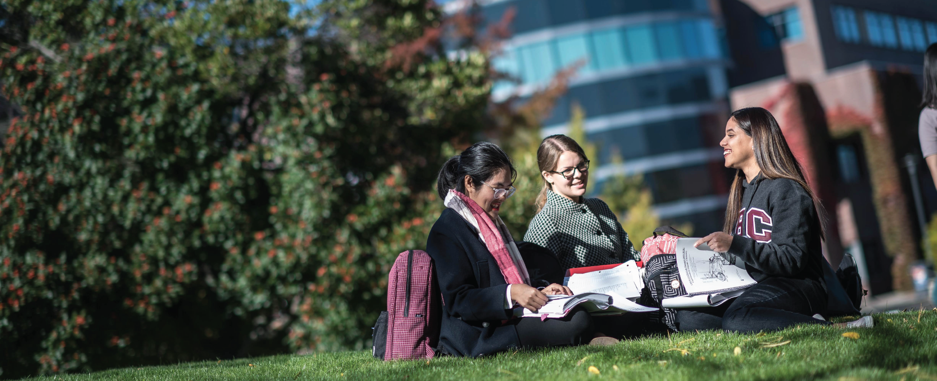 three students sitting in the grass on UBC Okanagan's campus laughing and studying