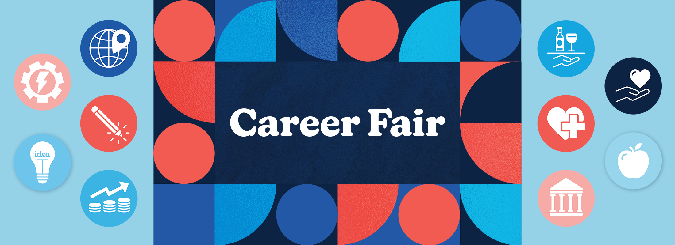 A blue and red graphic image with different career-related icons. The text reads Career Fair.
